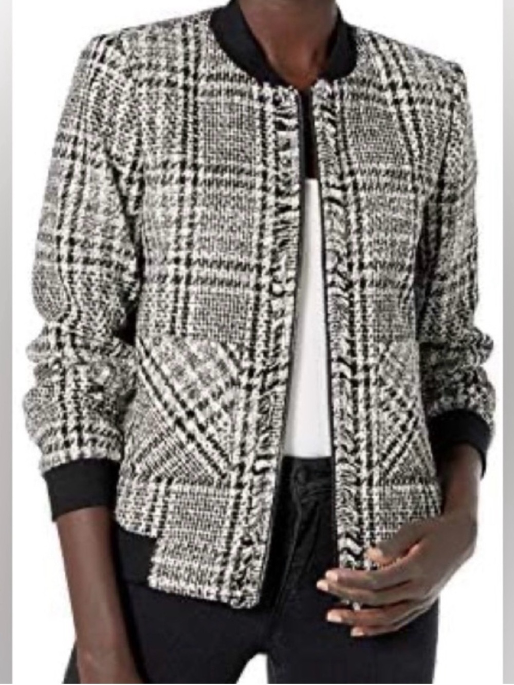 Karl Lagerfeld Black & White Tweed Bomber Jacket